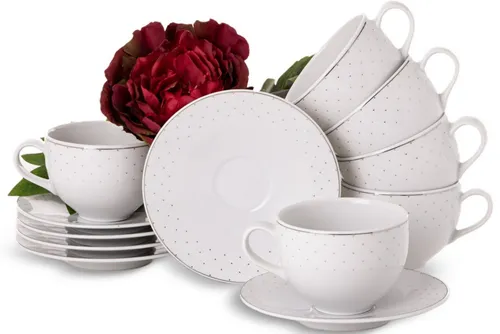 Konsimo Amelia Carmen Tassenset für 6 Personen – 12-teilig - Elegantes 12-teiliges Kaffeeservice aus hochwertigem Porzellan, ideal für 6 Personen. Das besondere Design mit glitzernden Punkten macht jede Kaffeetafel zu einem Hingucker.