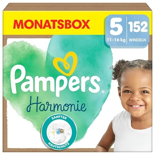 Pampers Harmonie Windeln Größe 5, 152 Stück - Windeln für Babys von 11kg-16kg, mit sanftem Hautschutz und bis zu 12 Stunden Trockenheit. Hypoallergen und dermatologisch getestet, ideal für empfindliche Babyhaut.