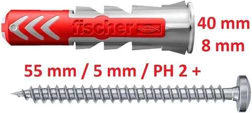Fischer DuoPower Dübel 8x40 S mit Rundkopfkopfschraube PH2 - Robuste Dübel mit innovativer 2K-Technologie für festen Halt. Ideal für vielseitige Anwendungen im Innen- und Außenbereich.