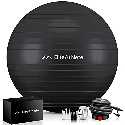 EliteAthlete Gymnastikball 75 cm - Ergonomischer Sitzball mit Anti Burst System für Fitness und Büro - Gymnastikball mit Anti-Burst-System, ideal für Fitness, Yoga und Büroanwendungen. Hergestellt aus strapazierfähigem PVC-Material für zusätzliche Sicherheit und Komfort.