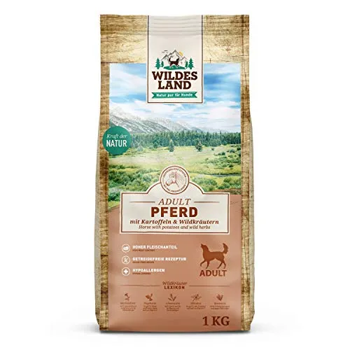 Wildes Land - Nr. 3 Pferd - 1 kg - mit Kartoffeln und Wildkräutern - Glutenfrei & Hypoallergen - Trockenfutter für Hunde - Hundefutter mit hohem Fleischanteil Hohe Verträglichkeit