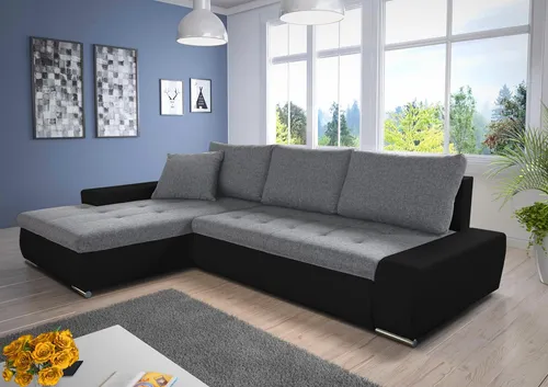 Ecksofa mit Schlaffunktion Faris - Flexibles Big Sofa in Schwarz + Grau - Ecksofa Faris mit Schlaffunktion und Bettkasten, ideal für platzsparendes Wohnen. Hochwertige Materialien und freistehendes Design für modernes Ambiente.