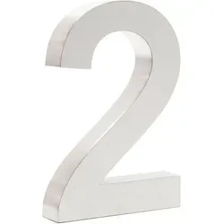 Wiltec - Hausnummer 2 Silberfarbene Edelstahl Hausnummer In Modernem 3d-design, Höhe 20 Cm, Schrift Arial, Rostfrei Und Witterungsbeständig, Mit Montagematerial