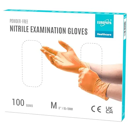 EUROPAPA® 100x Nitrilhandschuhe Einweghandschuhe Einmalhandschuhe Untersuchungshandschuhe Nitril Handschuhe puderfrei ohne Latex unsteril latexfrei disposible gloves (M, Orange)