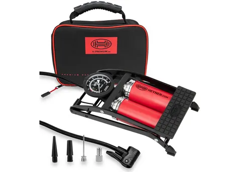 HEYNER® 22500N Fußluftpumpe mit Manometer - Luftpumpen für vielseitige Nutzung, bis 10 bar, robustes Design mit Doppelzylinder und praktischer Tasche für einfachen Transport.