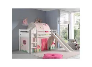 Vipack Spielbett Pino mit Rutsche und Tunnel - Hochbett aus massivem Kiefernholz, weiß lackiert, mit waschbarem Textilvorhang in fröhlichem Dessin Spring – ideal für ein spielerisches Kinderzimmer.