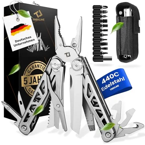 TREKLINE Premium Multitool Werkzeug aus Edelstahl – 27 Funktionen für Outdoor & Camping - Vielseitiges Multitool aus rostfreiem 440C Edelstahl, ideal für Camping, Outdoor und Handwerk. Kompakt und tragbar, ersetzt viele Werkzeuge in einem praktischen Design.
