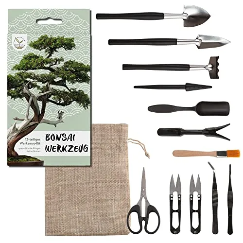 Bonsai Werkzeug-Set 13-teilig mit Aufbewahrungsbeutel – Ideal für die Bonsai-Pflege - Dieses 13-teilige Werkzeug-Set ist perfekt für die Pflege von Bonsai und Zimmerpflanzen. Mit präzisen Werkzeugen für exakte Schnitte und einer praktischen Aufbewahrungslösung sind Sie bestens ausgestattet.