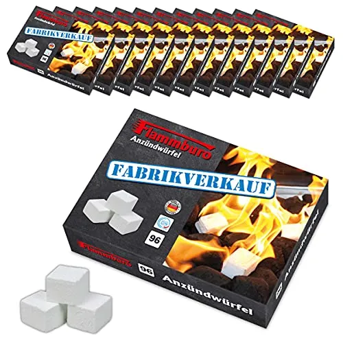 FLAMMBURO | 1152 Stück Anzündwürfel Paraffin (12 x 96 Würfel) vom Deutschen Hersteller, Grillanzünder, Kaminanzünder, Ofenanzünder, Würfel, Anzündwolle, Made in Germany - 12 Schachteln x 96 Würfeln