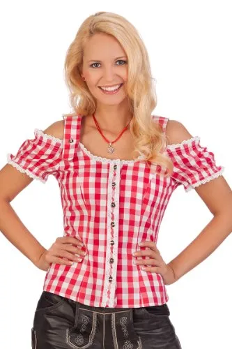 Schulterfreie Damen Bluse Dahlheim Rot wei§ karierte Bluse Trachtenbluse Gr. 34-54
