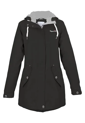 Regenliebe Damen Regenmantel | Taillierter Friesennerz in Schwarz - Winddichter und wasserdichter Regenmantel für Damen, mit verstellbarer Kapuze und gestreiftem Innenfutter, ideal für wechselhaftes Wetter.
