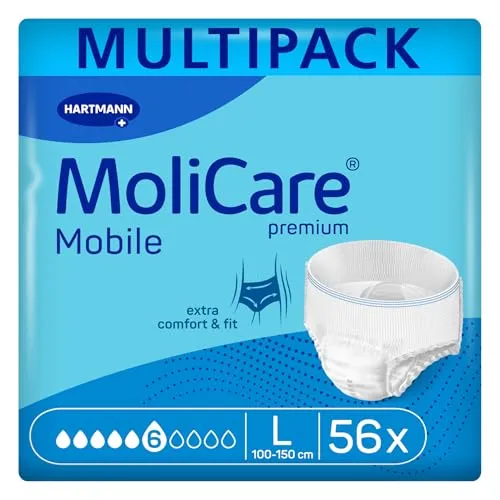 MoliCare Premium Mobile 6 Tropfen - Sparpaket (4 x 14 Stück) - Inkontinenzeinlagen mit 78% schnellerer Flüssigkeitsaufnahme, atmungsaktiv und ideal für mobile Personen. Bietet bis zu 12 Stunden Auslaufschutz und sorgt für ein sicheres, trockenes Gefühl.