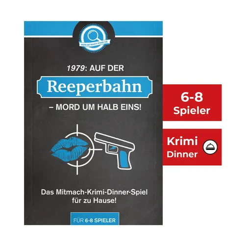 Mitmach-Krimi Spiel: Krimi-Dinner 1979 auf der Reeperbahn - Interaktives Krimi-Dinner für 6-8 Spieler:innen, ideal für gesellige Abende. Enthülle Geheimnisse und löse den Mord im Hamburger Kiez-Flair. Spieldauer: ca. 3 Stunden.