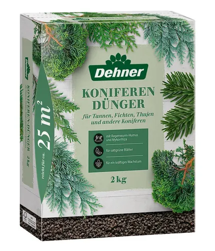 Dehner Koniferendünger 2 kg für Nadelgehölze - Hochwertiger, organisch-mineralischer NPK-Dünger für ca. 25 qm. Fördert das Wachstum von Tannen und Thujen mit wertvollen Spurennährstoffen für kräftige Pflanzen.