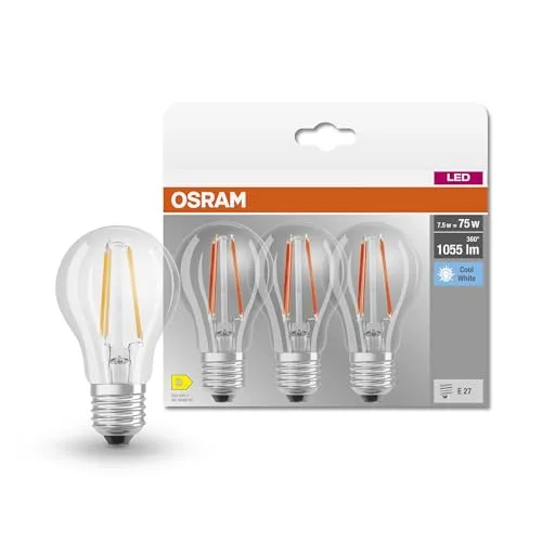Osram LED-Lampe, Sockel: E27, Kalt weiß, 4000 K, 7,50 W, Ersatz für 75-W-Glühbirne, klar, LED BASE CLASSIC A, 3er-Pack