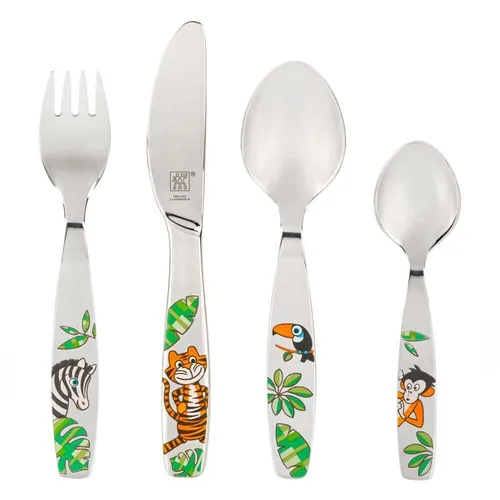 Zwilling Kinderbesteck Jungle bunt 4 tlg. - Buntes vierteiliges Kinderbesteck im Jungle-Design, ideal für kleine Hände. Perfekt zum spielerischen Erlernen des Besteckgebrauchs, aus hochwertigem, rostfreiem Edelstahl und geeignet ab drei Jahren.