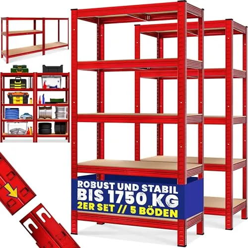Monzana® Schwerlastregal 180x90x40cm, rot, 1750kg Tragkraft - Lagerregal aus robuster Metallkonstruktion mit 10 MDF-Platten, ideal für Garage und Werkstatt. Einfacher Aufbau dank Stecksystem und belastbar bis 875 kg pro Ebene.