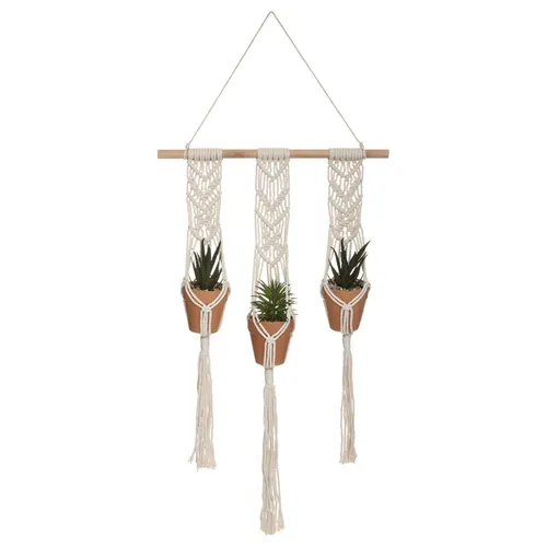 Makramee Pflanzenaufhänger mit 3 Kunstpflanzen - Beige Wandbehänge, 38 x 8 cm aus Baumwolle, ideal für eine stilvolle Dekoration und ansprechende Raumgestaltung.