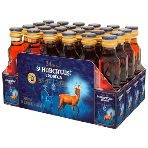 ST. Hubertus Tropfen Kräuter Likör - Set mit 24 x 0,02 Liter - Kräuterlikör mit 30% Vol., perfekt für gesellige Abende oder als Geschenk, im praktischen Set mit 24 kleinen Flaschen.