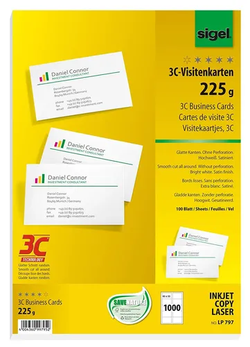 Visitenkarten 3C, 85 x 55 mm, 225 g/qm, hochweiß - sigel LP797 - Hochwertige Visitenkarten für professionellen Auftritt, 225 g/qm, ideal für individuelle Gestaltung und beeindruckende Präsentation.