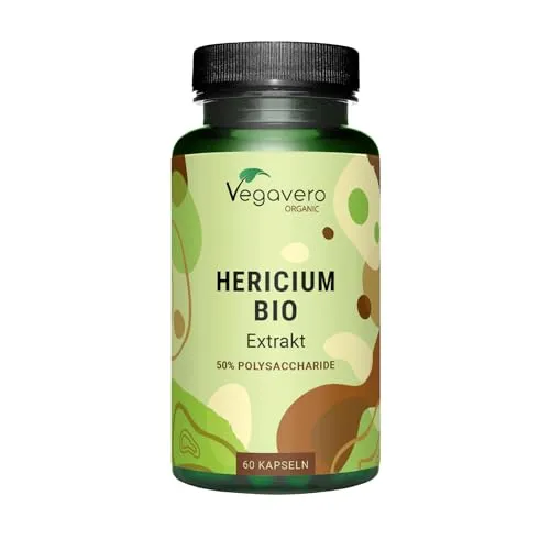 Bio Hericium Erinaceus Kapseln Vegavero | 50% Polysaccharide | 500 mg organic Löwenmähne Pilz Extrakt – entspricht mind. 7500 mg Hericium Pulver | Laborgeprüft | Ohne Zusätze | 60 Stück | Vegan