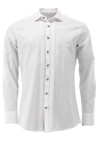 OS Trachten Herren Hemd Langarm Acanam – Weiß, Größe 47/48 - Elegantes Trachtenhemd im Slim Fit mit Liegekragen und feinen Biesen für einen stilvollen Auftritt bei festlichen Anlässen.