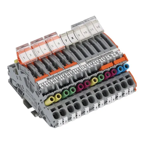 WAGO Stromwandlerklemmenblock 821-214 - Praktischer Messtrenn-Reihenklemmenblock von WAGO für Hutschienenmontage. Kompakt, mit 24 Klemmstellen pro Etage, ideal für präzise Messanwendungen.
