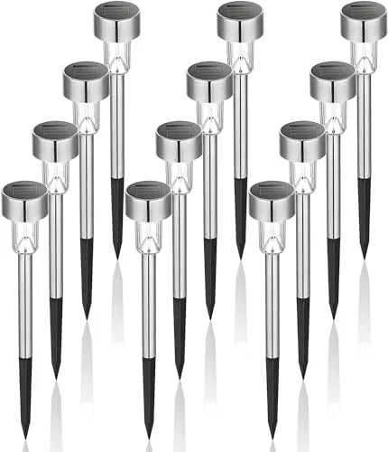 GIGALUMI Solarlampen für außen - 12 Stück Edelstahl Gartenleuchten - Helle 7000 K kaltweiße Solarlampen für Garten, Balkon und Terrasse. IP44 wasserdicht und langlebig, ideal für jede Wetterlage. Automatisches Ein- und Ausschalten für bis zu 8 Stunden Beleuchtung. Einfache Installation ohne Werkzeug.