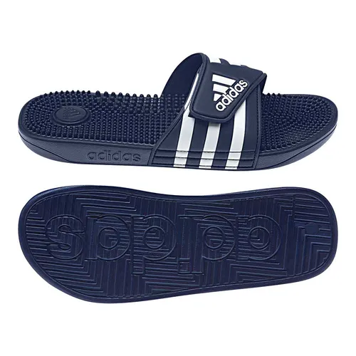 Adidas Adissage - Blau Badesandalen - Weiche Slipper mit weitenregulierbarem Riemen und dämpfender Zwischensohle. Die Massagenoppen auf dem Fußbett bieten zusätzlichen Komfort nach dem Workout.