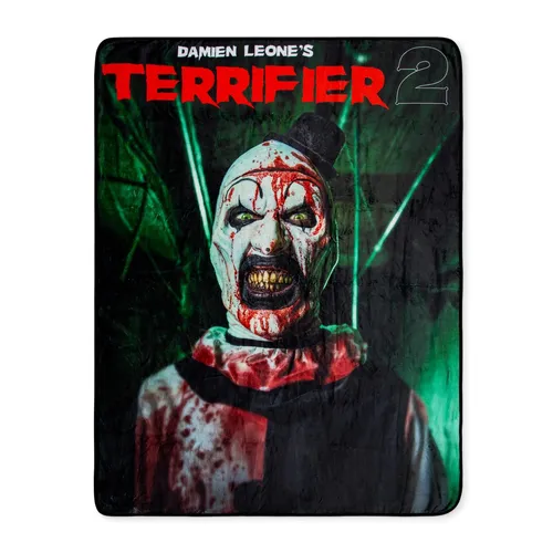 Horror-Shop Tagesdecke Terrifier 2 Art the Clown - Stylische Kuscheldecke in grün, rot und schwarz, perfekt für Horror-Fans. Hergestellt aus 100% Polyester, ideal für gemütliche Filmabende.
