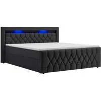 Juskys Polsterbett Leona, 140x200 cm - Elegantes Boxspringbett in Schwarz mit Samt-Bezug und LED-Licht, ideal für modernen Schlafkomfort.