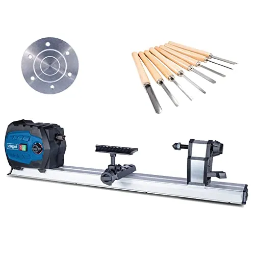 Scheppach DM600VARIO Drechselbank mit 8 tlg. Werkzeug - Tischdrehmaschinen mit kraftvollem 550 W Motor und stufenloser Drehzahlregelung von 800–3000 U/min, ideal für präzises Drechseln von Werkstücken bis 60 cm.