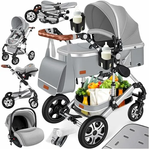 KESSER Loops 3 in 1 Kinderwagen - Kombikinderwagen Komplett-Set in Grau Silber, inklusive Babywanne, Buggy, Autoschale und umfangreichem Zubehör für maximale Flexibilität