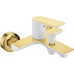 Mexen Alfa Wannenbatterie, Weiß/Gold - Elegante Wandarmatur - Armaturen, stilvolle Wannenbatterie in Weiß/Gold mit festem Auslaufbereich von 14 cm, ideal für moderne Badezimmer.