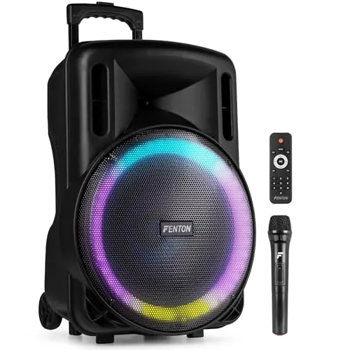 Fenton FT15LED MK2, Party Box Bluetooth Lautsprecher 800W, Musikbox Bluetooth Groß, 15" LED Subwoofer, Mikrofon, Akku & Netzbetrieb, AUX/Gitarren Eingang, USB Media-Player, Stereo-Pairing, Partybox