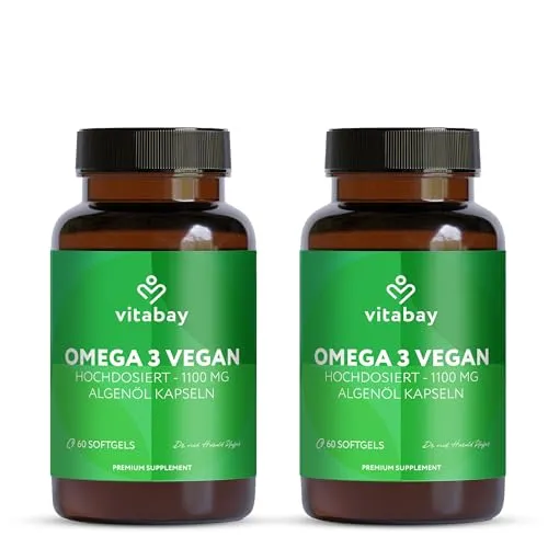 Vitabay Omega 3 Vegan Hochdosiert – 1100 mg Algenöl – 120 Kapseln mit DHA & EPA im 2:1 Verhältnis – unterstützt Gehirn & Sehkraft – Laborgeprüft