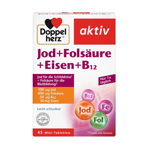Doppelherz Jod+Folsäure+Eisen+B12 Tabletten 45 St - Nahrungsergänzungsmittel zur Unterstützung von Schilddrüse und Immunabwehr, enthält wichtige Vitamine und Mineralstoffe für eine ausgewogene Ernährung.