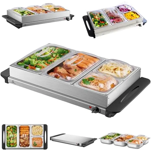 Steinborg Buffetwärmer Speisewärmer mit 4 Behältern - Edelstahl Warmhalteplatte für Catering mit 4 Speisebehältern (2x 1L, 2x 2,5L) und 300 W Leistung, ideal für Buffets und Veranstaltungen.
