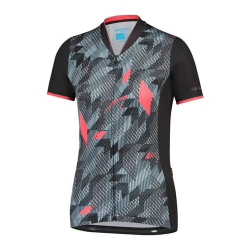 Shimano W's SAGAMI Kurzarm Zip Trikot, Schwarz-Blau - Stylisches Damen-MTB-Trikot aus 85 % recyceltem Polyester, ideal für Gelände und Rennen. Mit drei Taschen und elastischem, atmungsaktivem Gewebe für optimalen Komfort und Bewegungsfreiheit.