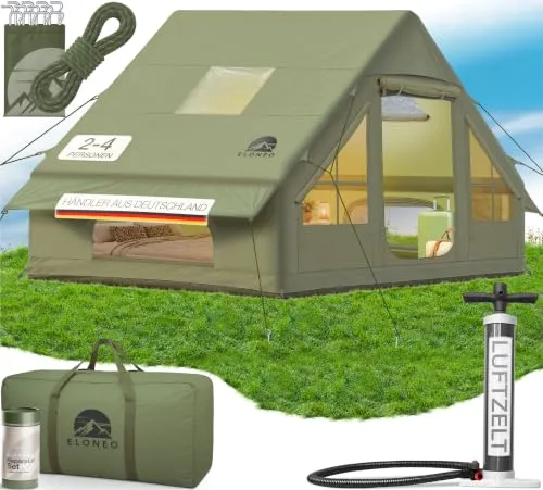 ELONEO aufblasbares Zelt für 2/4/6/8 Personen mit Dachfenster & Luftpumpe, Premium Glamping Zelt wasserdicht, Luftzelt, Inflatable Tent, Camping Zelt, Grün