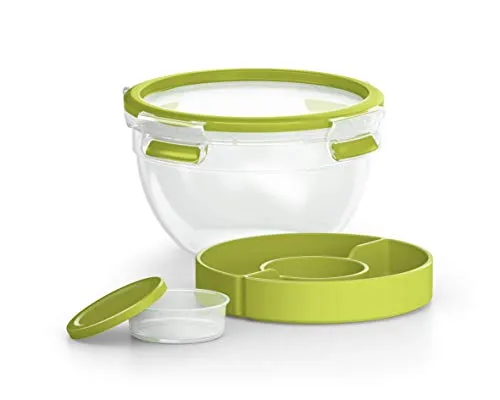 EMSA Clip & Go Salatbox, 1 L, mit Einsätzen für Toppings und Dressing, 100 Prozent dicht, mit Frischedichtung, Transparent, Hellgrün, Made in Germany, 518097