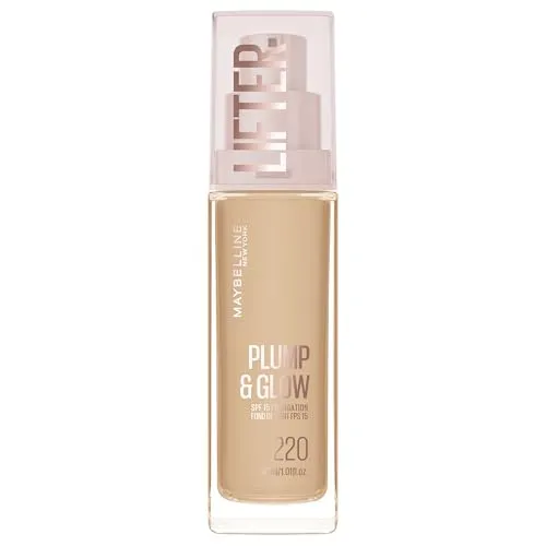Maybelline New York Face Lifter Plump & Glow Foundation 220 - Innovative Foundation mit 90 % pflegender Basis für ein strahlendes Finish. Leichte bis mittlere Deckkraft und integrierter Lichtschutzfaktor SPF 15. Erhältlich in 24 Nuancen für jeden Hauttyp.