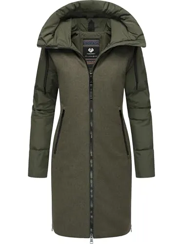 Ragwear Damen Wintermantel Jumana YOUMODO Dark Olive Gr. L - Funktionsjacke mit Wolloptik und gestepptem Rücken, wasser- und windabweisend, ideal für kalte Wintertage.