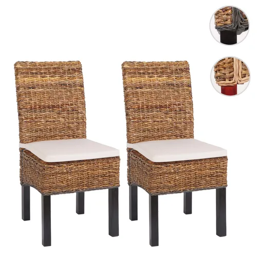 2er-Set Esszimmerstuhl Korbstuhl M69 BALI mit Kissen - Esszimmerstühle aus robustem Bananengeflecht mit hoher Rückenlehne, ideal für gemütliche Familienessen. Natürliche Eleganz durch Mahagoniholz und einzigartige Farbnuancen.