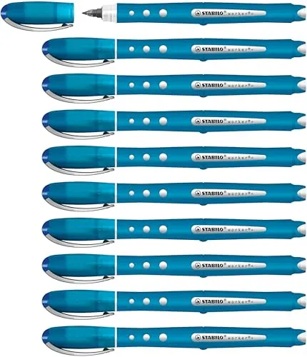 STABILO Tintenroller worker+ colorful - 10er Pack blau - Schreibutensilien mit besonders sanftem Schreibgefühl, robuster Spitze und rutschfester Oberfläche für optimalen Halt. Ideal für unterwegs, erhältlich in 4 Farben und Strichstärke: medium (0,5 mm).