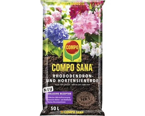 COMPO SANA® Rhododendron- und Hortensienerde 50 L - Spezialerde für Rhododendren, Hortensien, Azaleen und Eriken, fördert gesundes Wachstum und blühende Farben.