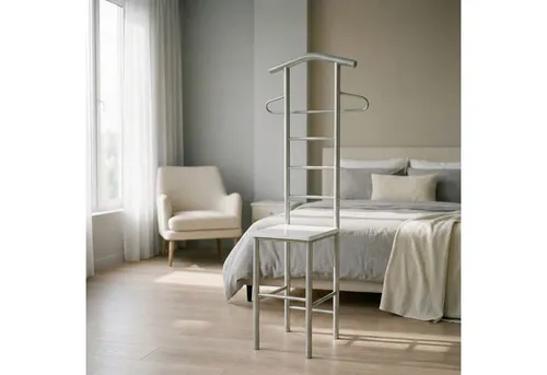 CARO-Möbel Herrendiener, Weiß, Metall, 53x121x47 cm - Praktischer Herrendiener aus lackiertem Metall und MDF, ideal für Schlafzimmer. Hält Kleidung knitterfrei und bietet eine Sitzfläche zum Schuhe anziehen.