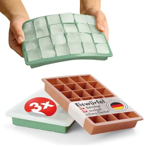 Blumtal Eiswürfelformen Silikon 3er Set - 24er Eiswürfelform mit Deckel - BPA-freie Silikon Eiswürfelform - Ice Cube Tray lebensmittelecht - Ice Tray - Olivgrün + Olivgrün + Mineral Rot