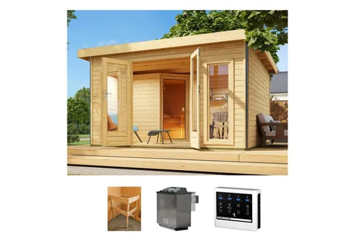 KONIFERA Saunahaus Maiko 3 SET A, 9 kW Ofen - Saunahaus aus 38 mm nordischer Fichte, ideal für entspannende Wellnessstunden im Garten, inklusive 9 kW Ofen und einfacher Montage.