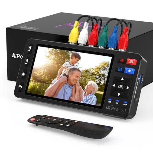 PORTTA VHS zu Digital Konverter mit 5" LCD & Fernbedienung - Digitalisieren Sie Ihre VHS- und andere analoge Videoquellen einfach und bequem. Mit 1080P Auflösung und integriertem 5"-Display für komfortable Vorschau. Ideal für die Umwandlung von Videokassetten in digitale Formate.